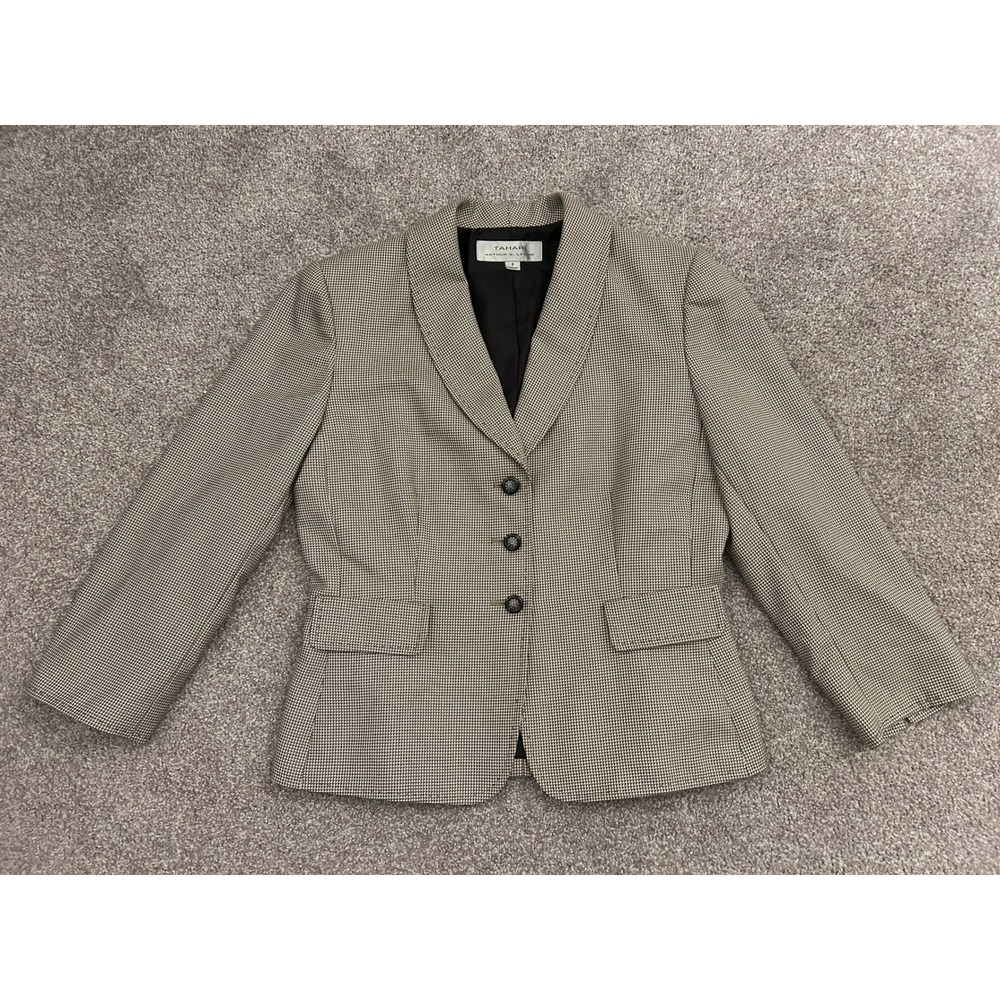 Tahari Blazer Womens 6 Tan Houndstooth Excellent Shawl Collar 3-Button Jacket